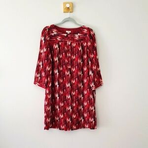 Fossil 100% Silk Mini Shift Dress Small Red Feather Print Boho Artsy Lightweight